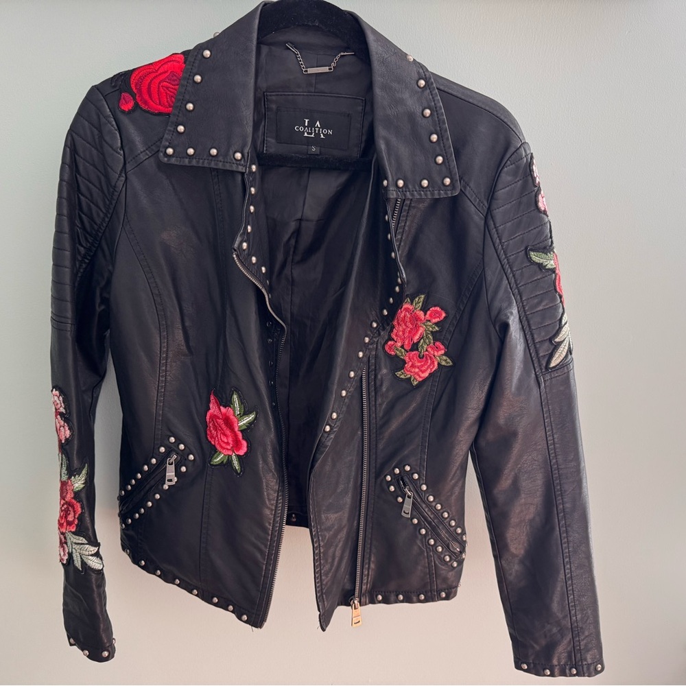 Elegant Black Leather Jacket with Red Floral Embroidery